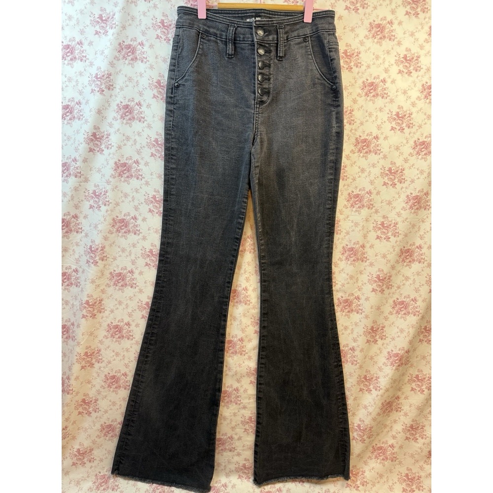Miss Me Jeans Size 27 Black High Rise Button Fly Flare Raw Hem